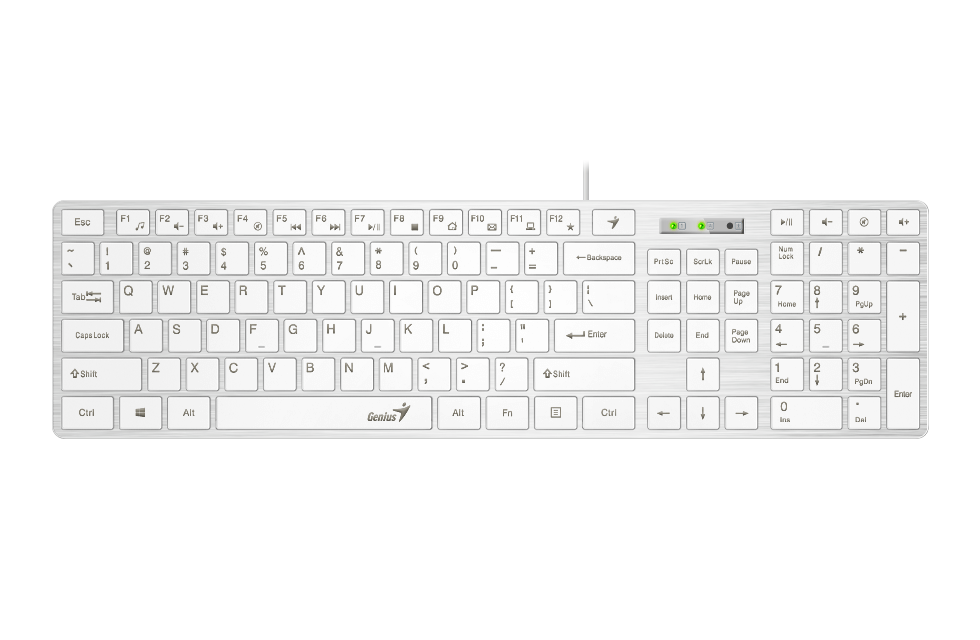 

Клавиатура проводная Genius SlimStar 126 31310017410 белая, мультимедийная, USB, 9 горячих кнопок, влагозащищенная, тонкие клавиши клавиши, кабель 1.5, SlimStar 126