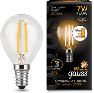 

Лампа светодиодная Gauss 105801107-S LED Filament Шар E14 7W 550lm 2700K step dimmable, 105801107-S