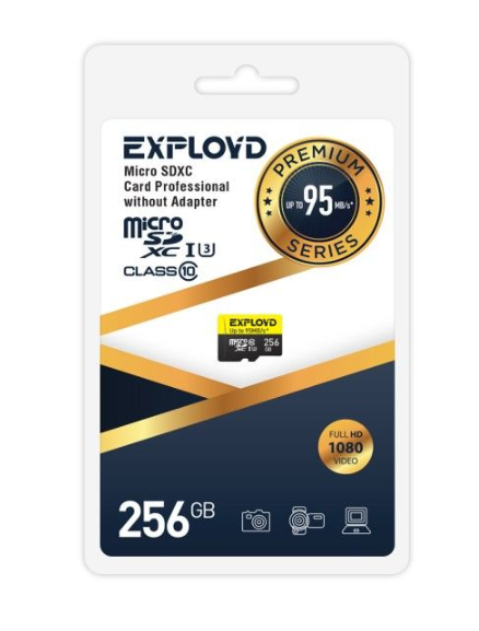

Карта памяти MicroSDXC 256GB Exployd EX256GCSDXC10UHS-1-ElU3 w Class 10 Premium UHS-I U3 (95 Mb/s) без адаптера, EX256GCSDXC10UHS-1-ElU3 w
