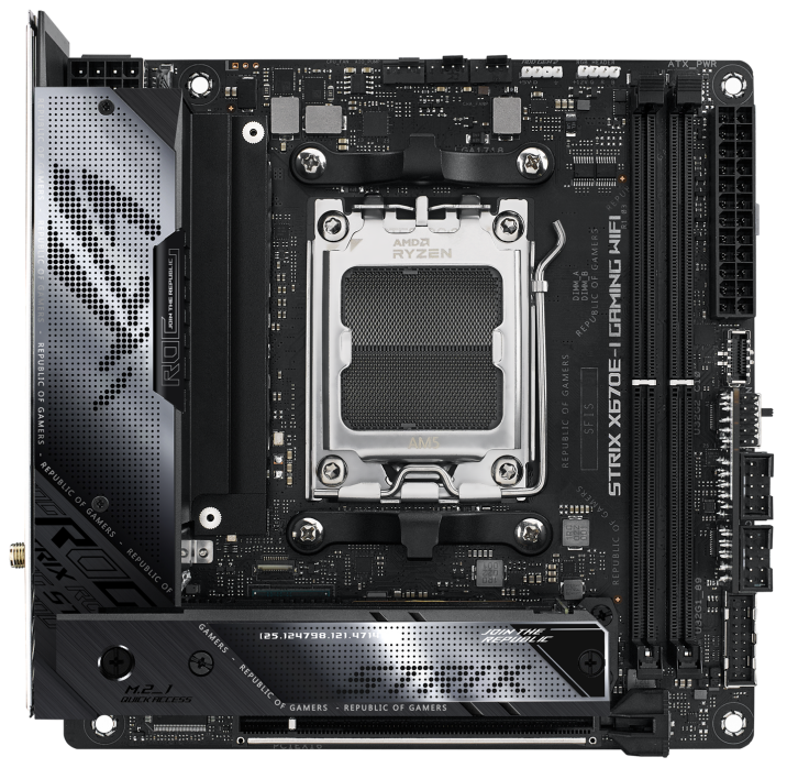 

Материнская плата mini-ITX ASUS ROG STRIX X670E-I GAMING WIFI (AM5, AMD X670, 2*DDR5(6400), 2*SATA 6G RAID, 2*M.2, PCIE, 2.5Glan, WiFi, BT, HDMI, 2*US, ROG STRIX X670E-I GAMING WIFI