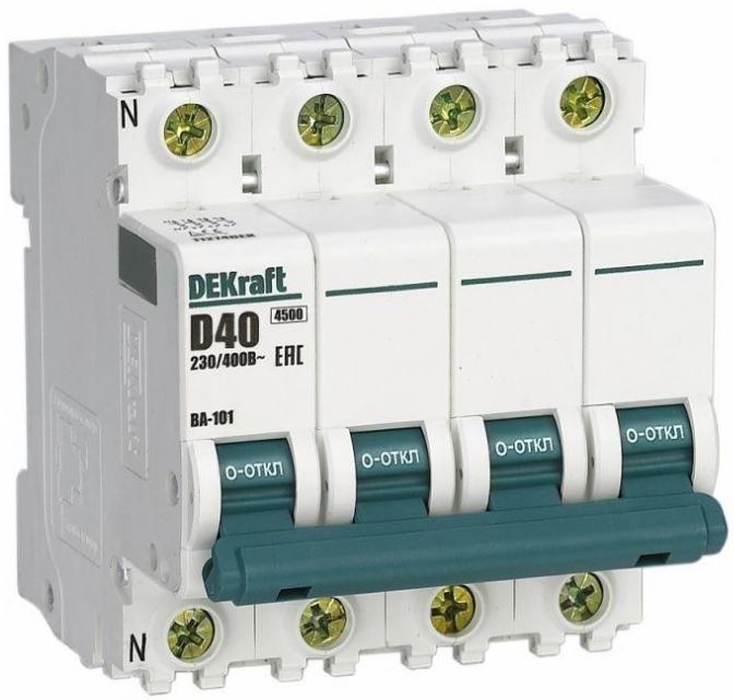

Автоматический выключатель DEKraft 11274DEK 3P+N 40А х-ка D ВА-101 4,5кА, 11274DEK