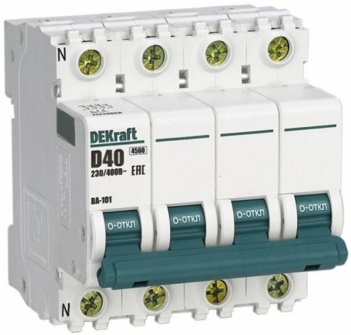 Изображение товара Автоматический выключатель DEKraft ВА-101 3P+N 40А с характеристикой D