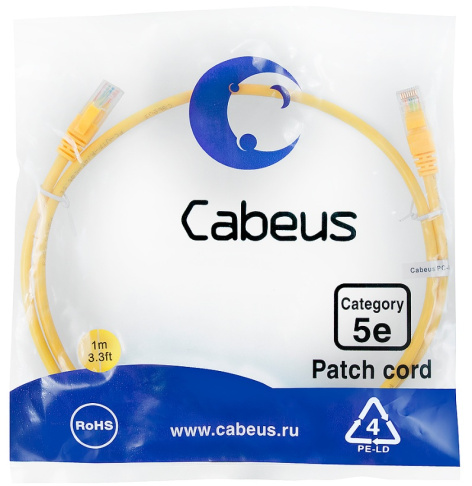 фото Кабель патч-корд U/UTP 5e кат. 1м Cabeus PC-UTP-RJ45-Cat.5e-1m-YL-LSZH в Санкт-Петербургe