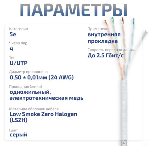 фото Кабель витая пара U/UTP 5e кат. 4 пары Cabeus UTP-4P-Cat.5e-SOLID-LSZH-GY-20 в Воронеже