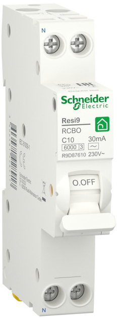 

Автоматический выключатель Schneider Electric RESI9 R9D87610 дифференциального тока (ДИФ) 1P+N С 10А 6000A 30мА 18mm тип AC, RESI9