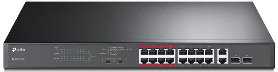 

Коммутатор PoE TP-LINK TL-SL1218MP 16 х RJ45 10/100 Мбит/с + 2 SFP-слота, поддержка 802.3at/af, до 192 Ватт питание по PoE, монтируемый в 19" стойку, TL-SL1218MP