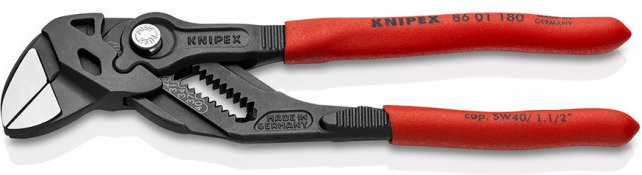 

Клещи Knipex KN-8601180 переставные-гаечный ключ 40мм (1 1/2дюйм) L-180мм Cr-V обливные рукоятки сер., KN-8601180
