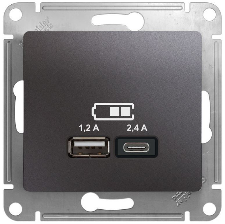 

Розетка USB Systeme Electric GSL001339 Glossa А+С, 5В/2,4А, 2х5В/1,2 А, механизм, графит, GSL001339