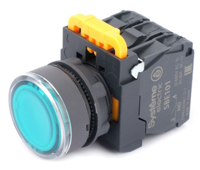 

Кнопка Systeme Electric SB5AW33M5 SB5 с подсветкой в сборе модульная 22мм зеленая пластик 230-240ВAC 1НО+1НЗ, SB5AW33M5