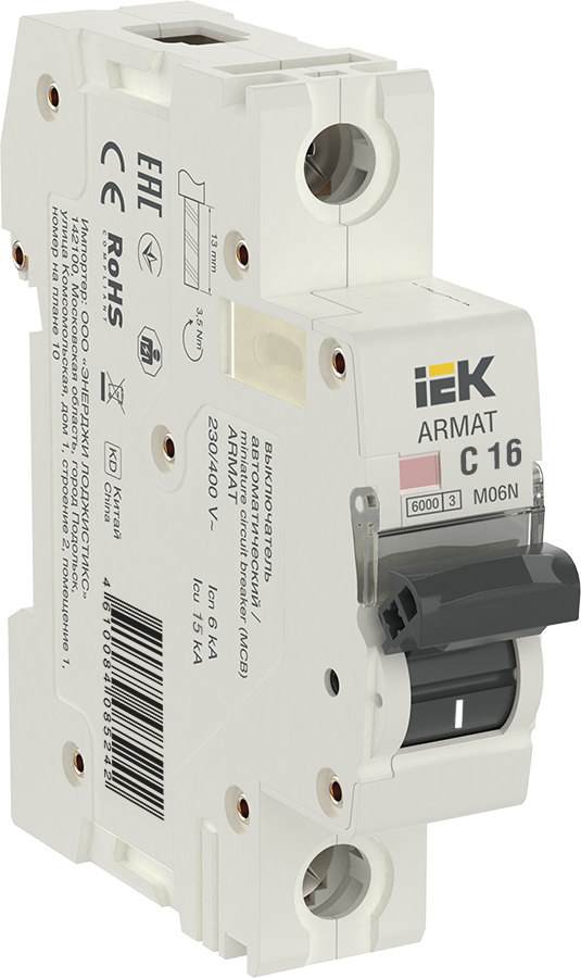

Автоматический выключатель IEK AR-M06N-1-C016 ARMAT M06N 1P C 16А, AR-M06N-1-C016