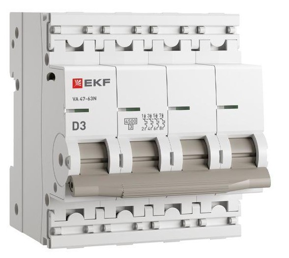 

Автоматический выключатель EKF M634403D 4P 3А (D) 4,5kA ВА 47-63N PROxima, M634403D