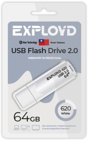 

Накопитель USB 2.0 64GB Exployd EX-64GB-620-White 620, белый, EX-64GB-620-White