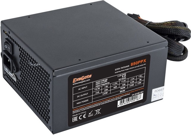

Блок питания ATX Exegate 850PPX EX259613RUS 850W RTL, black, APFC, 14cm, 24p+2*(4+4)p, PCI-E,4*IDE,5*SATA,FDD, 850PPX