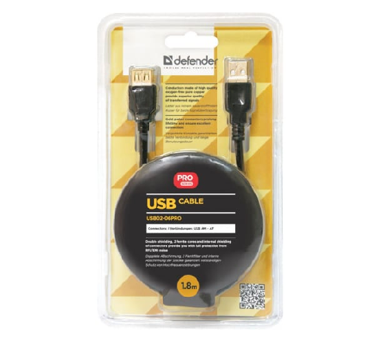 

Кабель интерфейсный USB 2.0 удлинитель Defender AM/AF 87429 Pro, 1.8 м, феррит.кольц., позол.конт., черный,, AM/AF