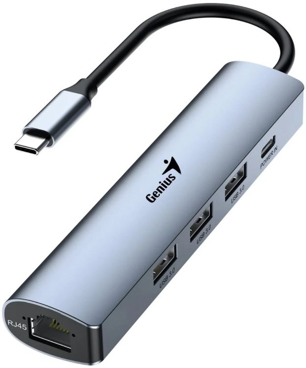 

Концентратор Genius UH-545 31240004400 RJ45 (1GB)x1, USB-C(3A)x1, USB-A 3.0x3, кабель Type-C 15 см, grey, UH-545