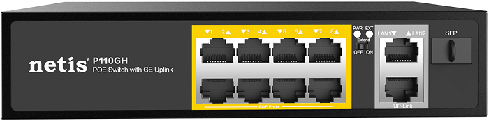 

Коммутатор неуправляемый netis P110GH 10-портовый PoE+, 2*Gigabit Ethernet Uplink/8*FE PoE+ 802.3af/802.3at/SFP порт, P110GH