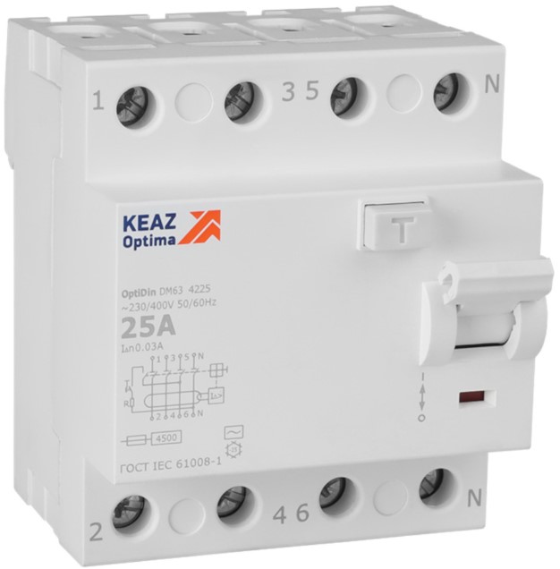 

УЗО КЭАЗ 343915 OptiDin DM63-4225-A-4,5-УХЛ4 4P 25A 30mA, 343915