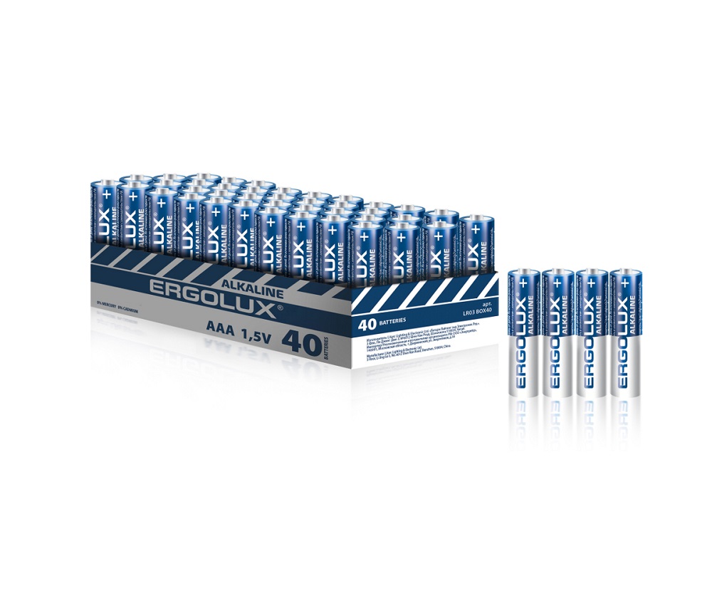 

Батарейка Ergolux LR03 BOX40 Alkaline LR03/AAA, 1,5 В, 1150 мА.ч, 40 шт в упаковке, LR03 BOX40