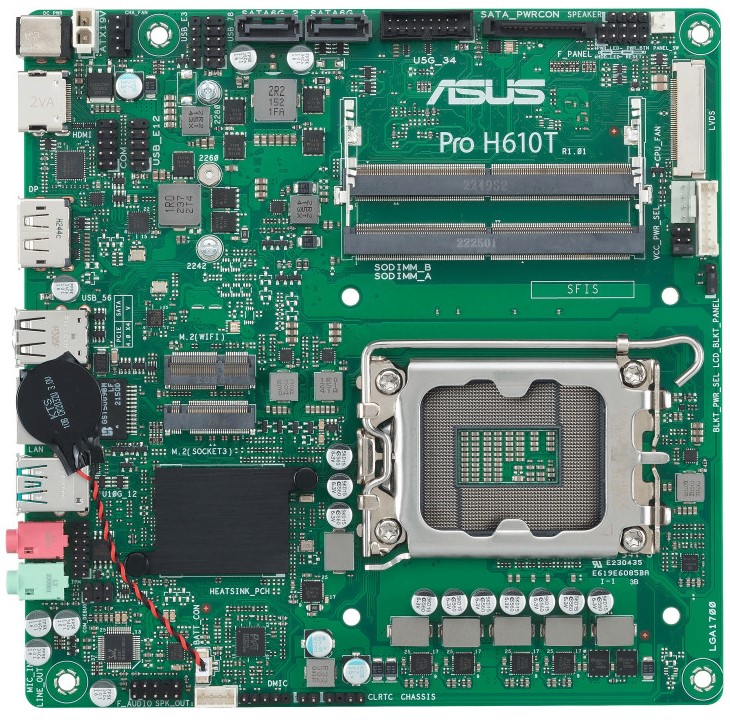 

Материнская плата mini-ITX ASUS PRO H610T-CSM (LGA1700, H610, 2*DDR5 (5600), 2*SATA 6G, M.2, Glan, HDMI, DP, 2*USB 3.2, 2*USB 2.0), PRO H610T-CSM