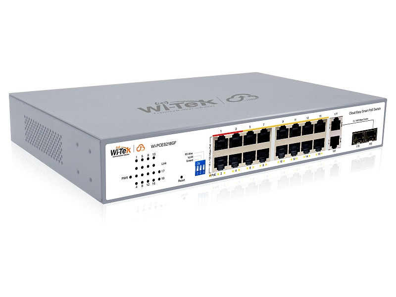 

Коммутатор настраиваемый Wi-Tek WI-PCES218GF PoE 250Вт, порты 16FE PoE + 2SFP, Easy Smart, WI-PCES218GF