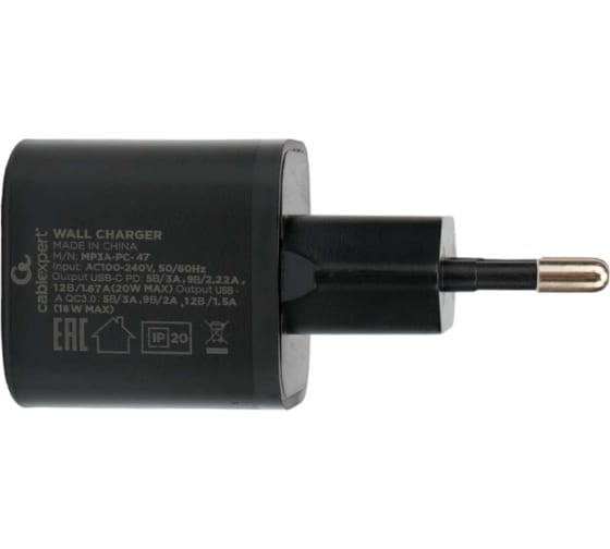 

Зарядное устройство сетевое Cablexpert MP3A-PC-47 20Вт, 3А, QC3.0/PD, 2 порта: USB и Type-C, черный, пакет, MP3A-PC-47