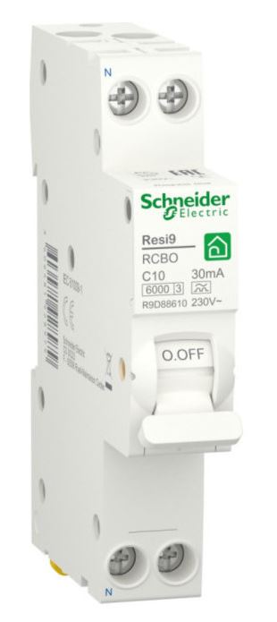 

Автоматический выключатель Schneider Electric RESI9 R9D88610 дифференциального тока (ДИФ) 1P+N С 10А 6000A 30мА 18mm тип A, RESI9