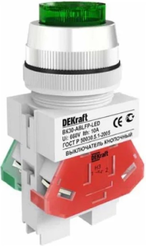 

Выключатель кнопочный DEKraft 25047DEK ABLFP D30 мм ЗЕЛЕНЫЙ LED 220В ВK-30, 25047DEK