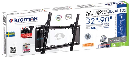 

Кронштейн настенный Kromax IDEAL-102 Kromax_24037 для LED/LCD TV 32-90", макс. 40кг, 1 ст.свободы, наклон -12°,от стены 30мм, макс. VESA 600x400, черн, IDEAL-102