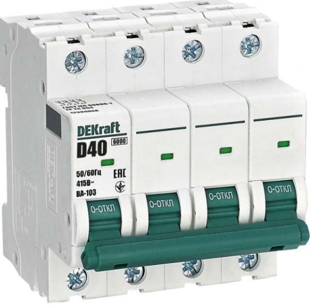 

Автоматический выключатель DEKraft 12390DEK 4Р 50А х-ка D ВА-103 6кА, 12390DEK