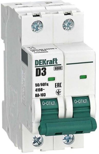 

Автоматический выключатель DEKraft 12346DEK 2Р 3А х-ка D ВА-103 6кА, 12346DEK