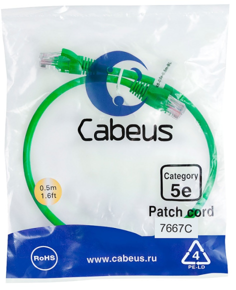 фото Кабель патч-корд U/UTP 5e кат. 0.5м Cabeus PC-UTP-RJ45-Cat.5e-0.5m-GN-LSZH в Воронеже