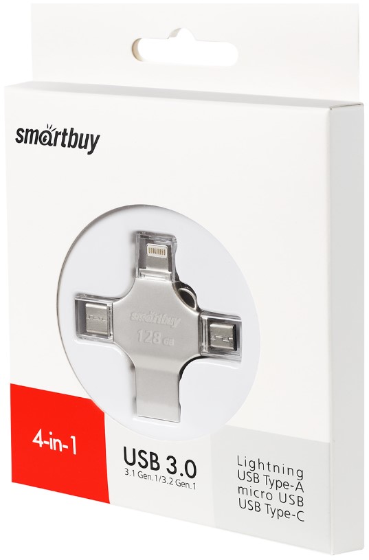 

Накопитель USB 3.0 128GB SmartBuy SB128GBMC15 MC15 Metal Quad 4-in-1 (Lightning + USB Type-A + USB Type-C + micro USB) серебро металл, SB128GBMC15