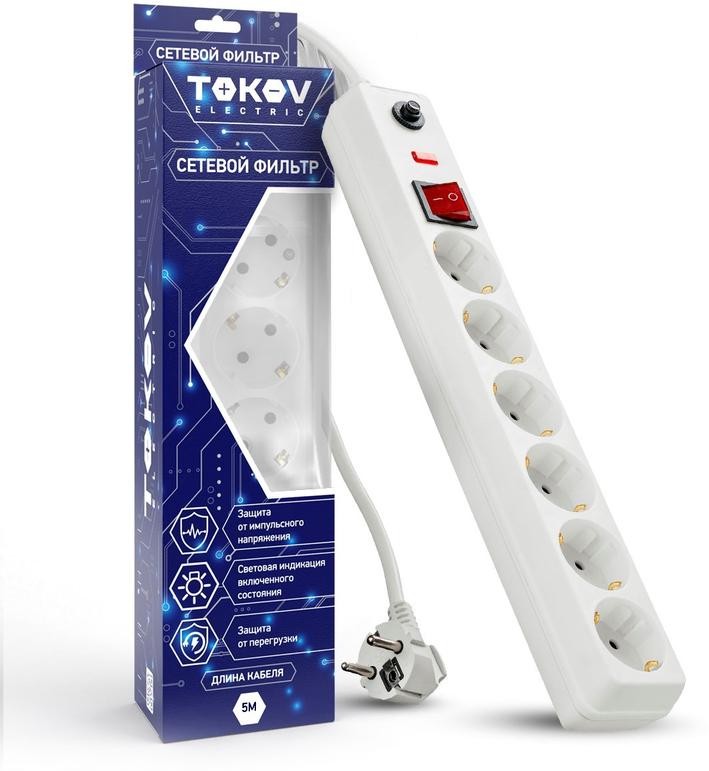 

Сетевой фильтр TOKOV ELECTRIC TKE-C01-SF6-5-ZV 6х5м с заземл. с выкл. 16А с защ. от скачков напр. и перегрузок 3х1 бел, TKE-C01-SF6-5-ZV