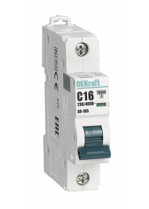 

Автоматический выключатель DEKraft 13200DEK 1P 10A х-ка D ВА-105 10кА, 13200DEK