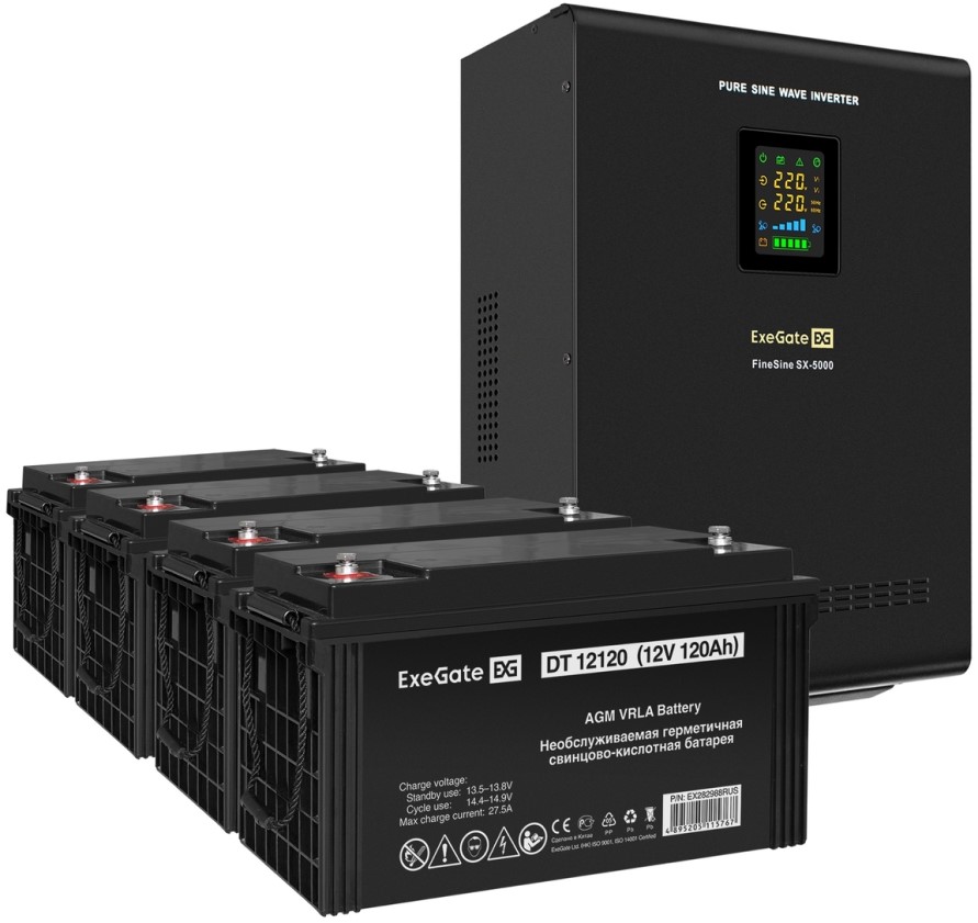 

Комплект Exegate FineSine SX-5000.LCD.AVR.2SH.T EX296671RUS ИБП EX296004RUS + батарея 120Aч EX282988RUS 4шт (инвертор, синус, для котла, настенный) 50, FineSine SX-5000.LCD.AVR.2SH.T