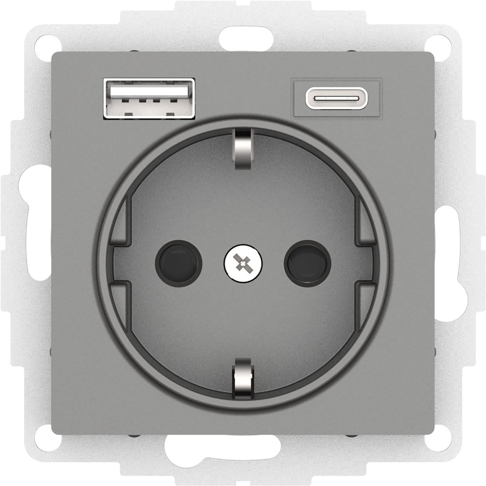 

Розетка с заземлением с 2 USB Systeme Electric ATN000932 AtlasDesign USB A+C, 5В/2,4А/3,0А, 2х5В/1,5А, механизм, Сталь, ATN000932