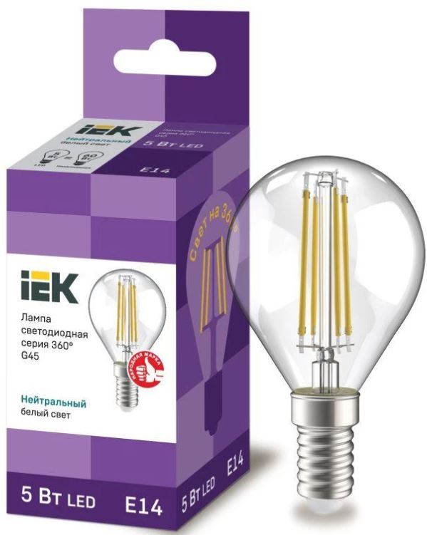 

Лампа светодиодная IEK LLF-G45-5-230-40-E14-CL филаментная G45 шар прозрачный 5Вт 230В 4000К E14 серия 360°, LLF-G45-5-230-40-E14-CL