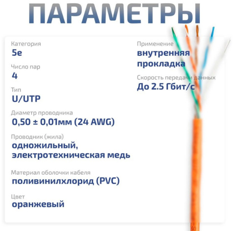 фото Кабель витая пара U/UTP 5e кат. 4 пары Cabeus UTP-4P-Cat.5e-SOLID-OR-20 в Воронеже