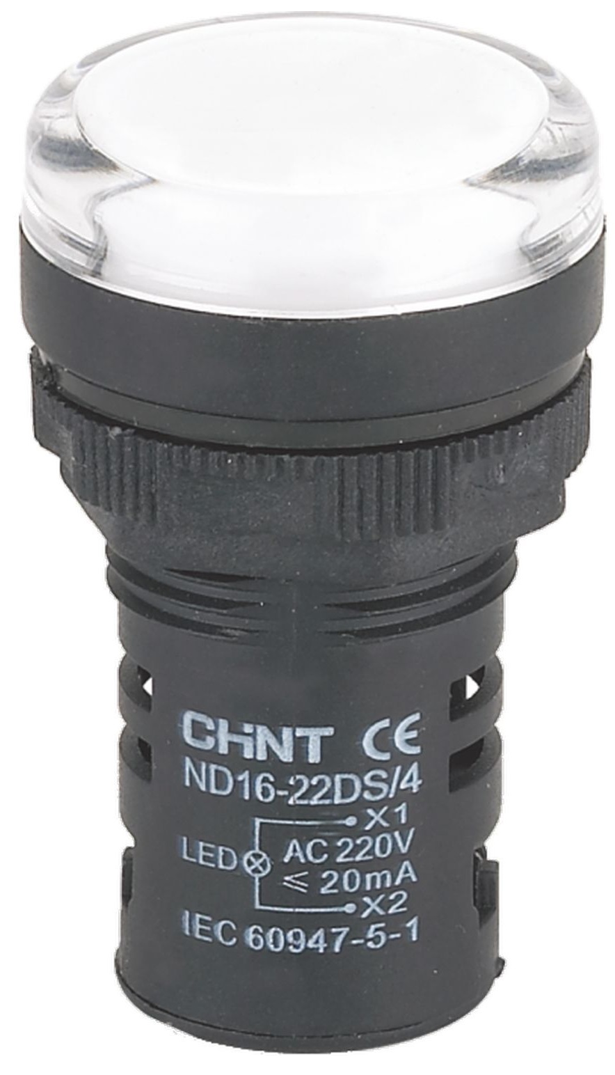

Индикатор CHINT 828112 ND16-22DS/2C белый, компактный, встр. резистор, IP65 AC/DC24В, 828112