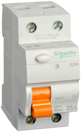 

Выключатель Schneider Electric 11450 дифференциального тока (УЗО) 2п 25A 30мA ВД63 АС (серия "Домовой"), 11450