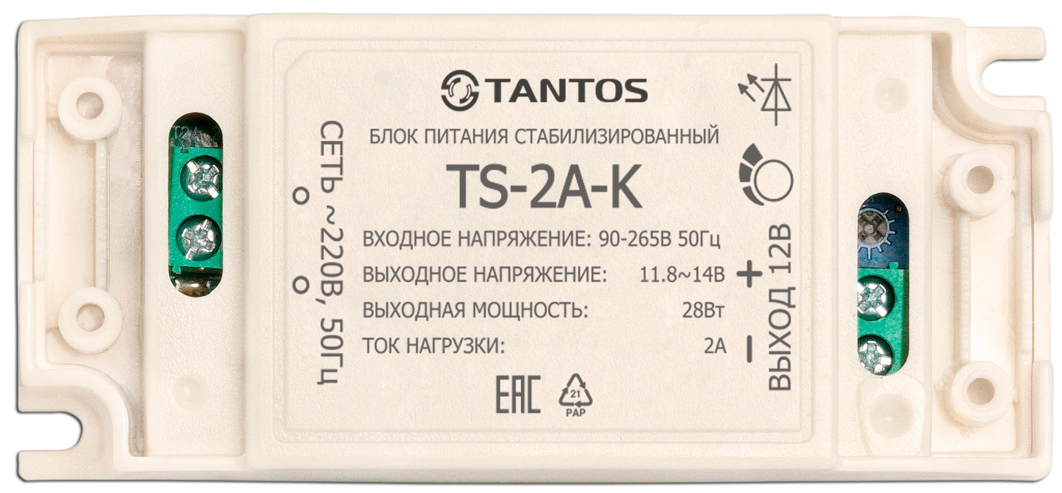 

Блок питания Tantos TS-2A-K стабилизированный 12В, 2А, 90-265В 50Гц, пластиковый корпус, TS-2A-K