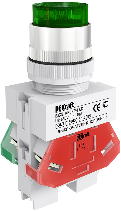 

Выключатель DEKraft 25026DEK ВK-22 кнопочный ABLFP D=22мм LED 220В зеленый, 25026DEK