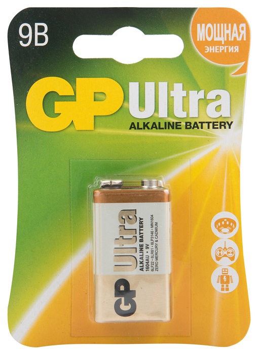 

Батарейка GP Ultra Alkaline 1604AU 6LR61 9V, 1шт, size E Крона, Ultra Alkaline 1604AU 6LR61
