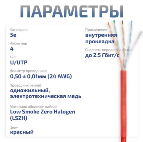 фото Кабель витая пара U/UTP 5e кат. 4 пары Cabeus UTP-4P-Cat.5e-SOLID-LSZH-RD в Санкт-Петербургe