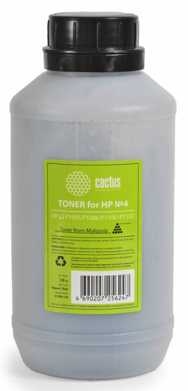 

Тонер для заправки Cactus CS-THP4-120 чёрный (флакон 120гр) HP LJ P1005/P1006/P1100 /P1102, CS-THP4-120