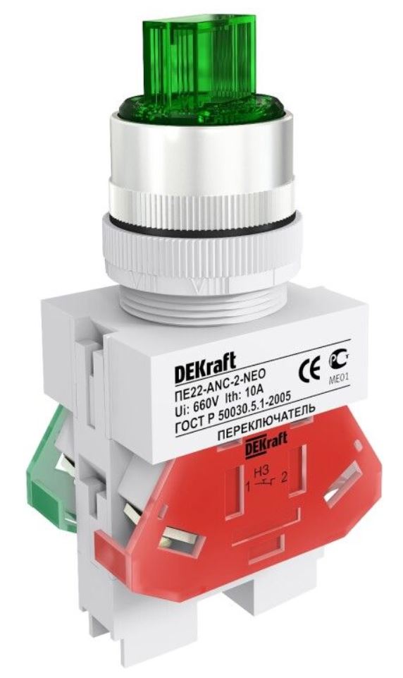 

Переключатель DEKraft 25059DEK ПЕ-22 на 3 фикс. положения I-O-II стандартная ручка 1НО+1НЗ ANC-3 D=22мм 220В зеленый неон, 25059DEK