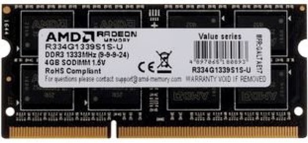 

Модуль памяти SODIMM DDR3 4GB AMD R334G1339S1S-U 1333MHz, PC3-10600, CL9, 1.5V, Non-ECC, Retail, R334G1339S1S-U
