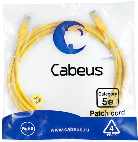 фото Кабель патч-корд U/UTP 5e кат. 3м Cabeus PC-UTP-RJ45-Cat.5e-3m-YL