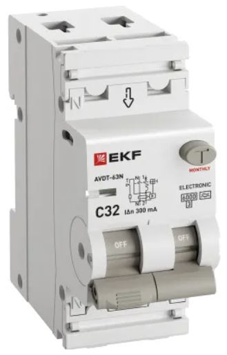 

Автомат дифференциальный EKF D63N26EA32C300 АВДТ-63N 1P+N 32А (C) 300мА (A) эл 6кА PROXIMA, D63N26EA32C300