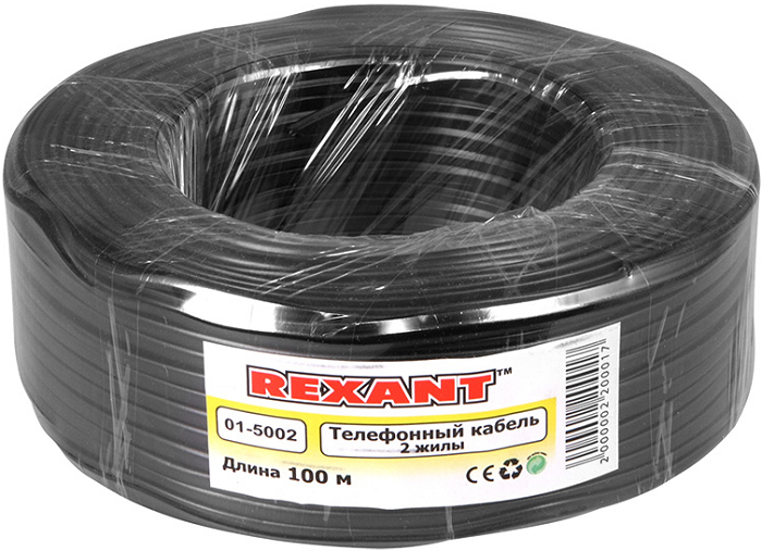 

Кабель Rexant 01-5002 телефонный ШТЛП 2 жилы Cu, черный, 100 м, 01-5002